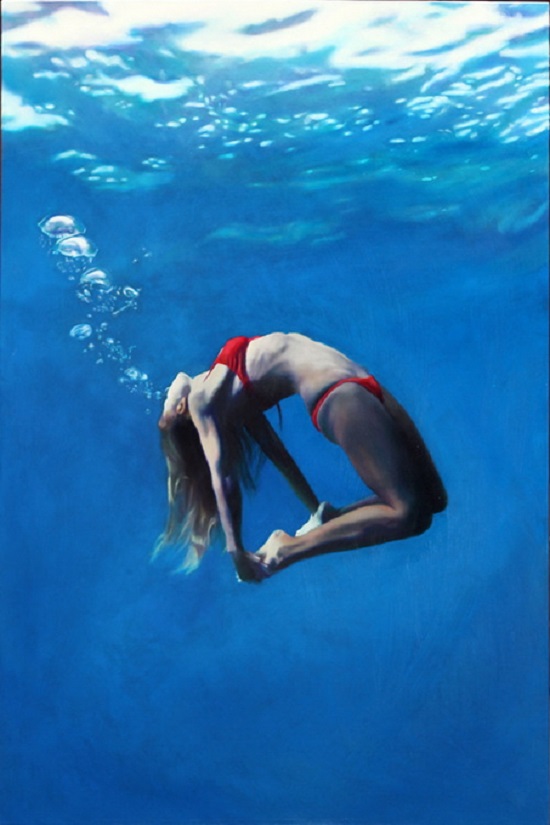 Original Oil Painting by the artist Matt Story 28" x 42" - oil on panel. This is a figurative portrait of a blonde haired woman in a red two-piece grabbing her ankles behind her and facing up toward the surface, blowing bubbles trailing up toward the reflecting surface.