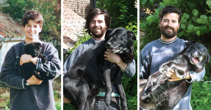 Guy Воссоздает Фото со своей собакой 15 лет спустя прощаться