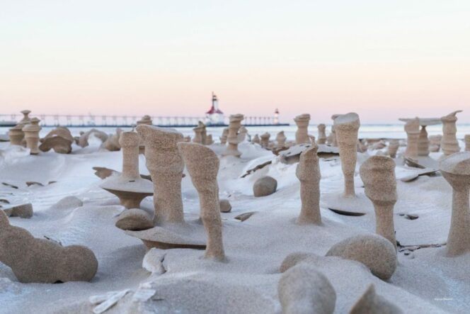 Strong Wind Turned Frozen Sand Into Wonderful Columns. They Look Extraterrestrial!